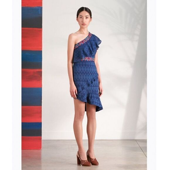 SALONI One Shoulder Ruffle Embroidered Silk Mini Dress Size 4 - Picture 1 of 9